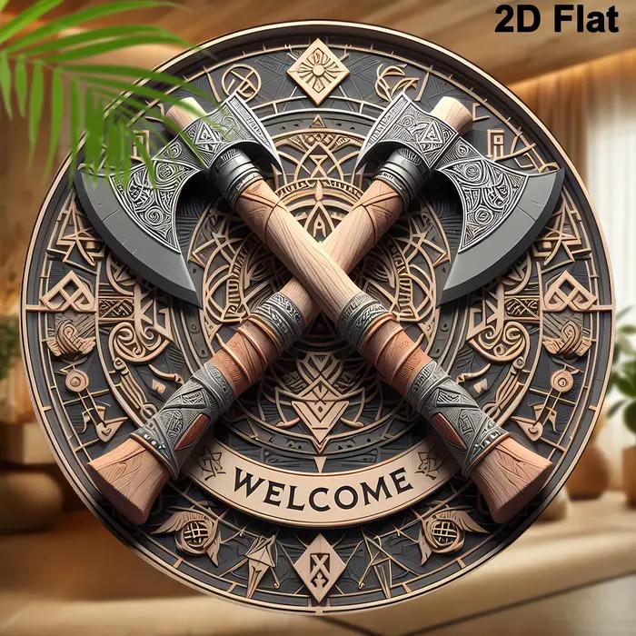 Viking Ax Welcome - Décoration murale ronde en bois de 8 pouces x 8