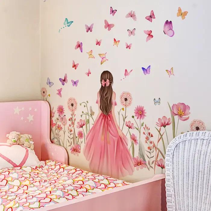 Autocollants muraux de dessin animé fleurs et papillons pour chambre d'enfant décoration de maison occasion spéciale