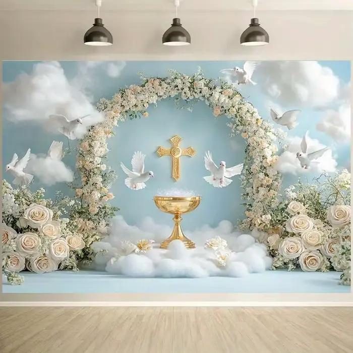 1 bannière 2D, calice doré, colombe blanche et arc floral - décoration de mariage et de fête, adaptée au baptême, première communion
