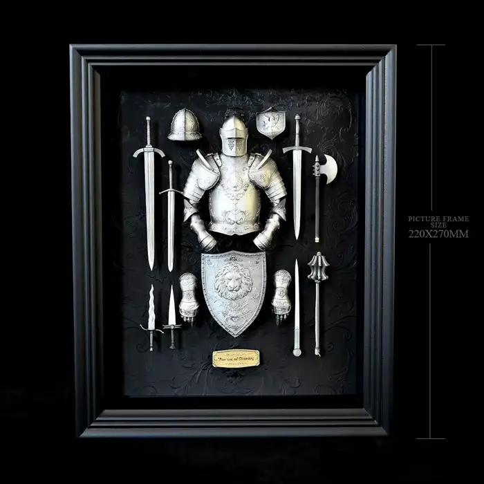 Cadre photo en résine époxy fait main et peint à la main, représentant une armure de chevalier médiéval anglais-français, décoration de bureau et de maison