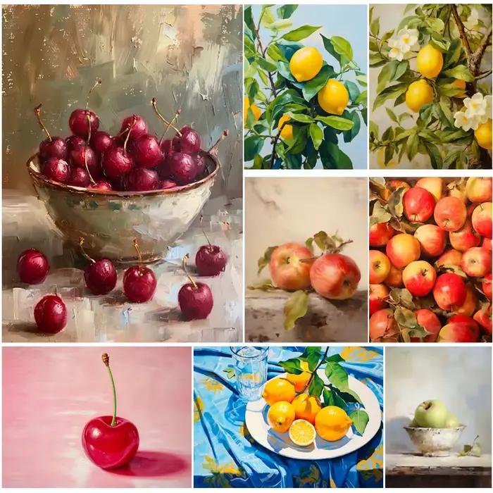 Affiche de peinture sur toile de citron, pomme, nature morte, impression de fruits vintage, melon en botanique, art mural de cuisine, photo, décoration d'intérieur moderne abstraite