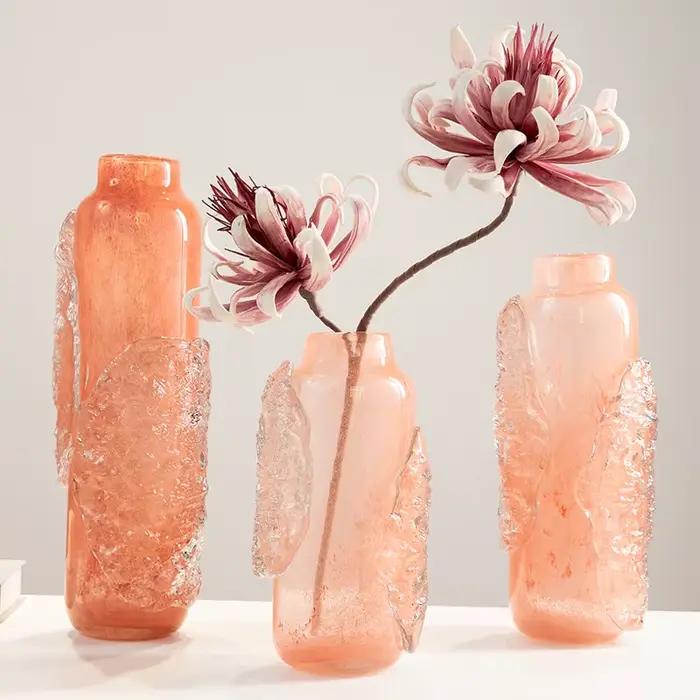Vase en verre rose, relief abstrait irrégulier de cubes de glace transparents, vase à fleurs, terrarium, pot de fleurs, accessoires de décoration pour la maison