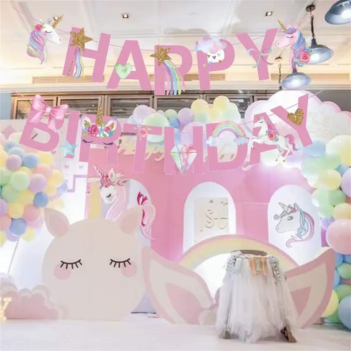 Bannière de joyeux anniversaire sur le thème de la licorne, fournitures pour cadeaux de décoration de fête d'anniversaire