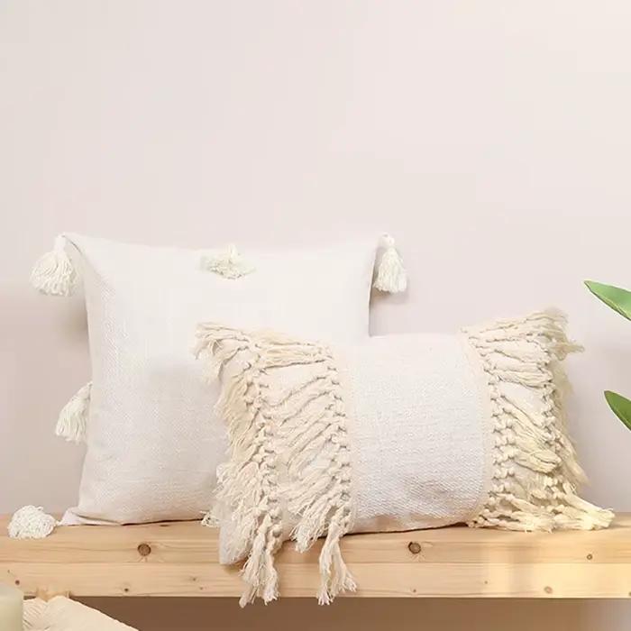 Housse de coussin à pampilles en coton et lin, couleur unie, rétro, rose, bleu, Beige, à franges, coussins décoratifs pour canapé et maison