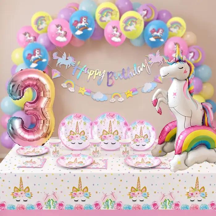 Décoration d'anniversaire licorne, vaisselle, assiettes en papier, gobelets, serviettes, bannière, ballons pour filles, fournitures de fête d'anniversaire licorne arc-en-ciel