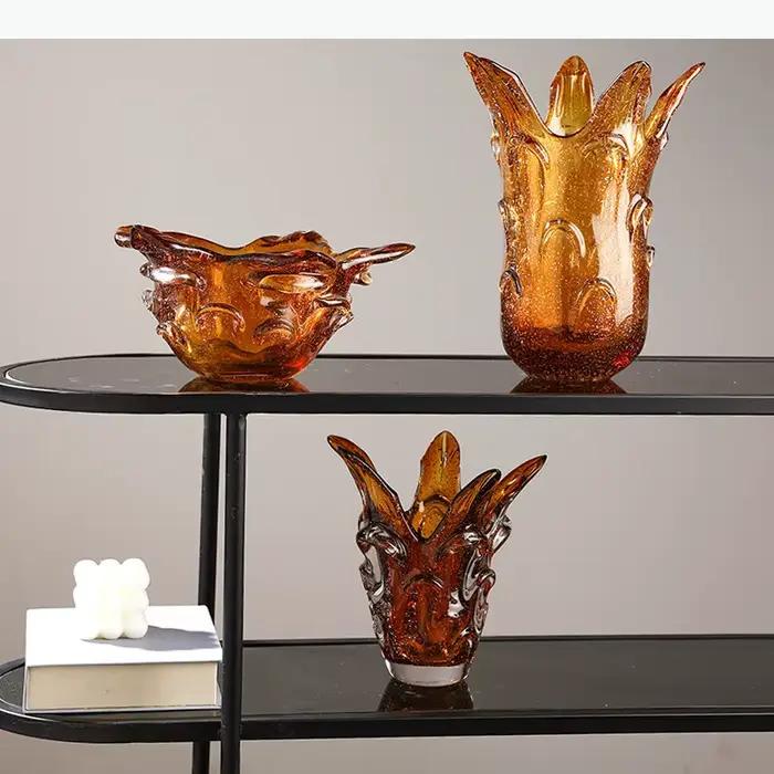 Vase en verre couleur ambre, forme florale, pots à fleurs, décoration de table, arrangement de fleurs, vases floraux, décoration esthétique de la pièce