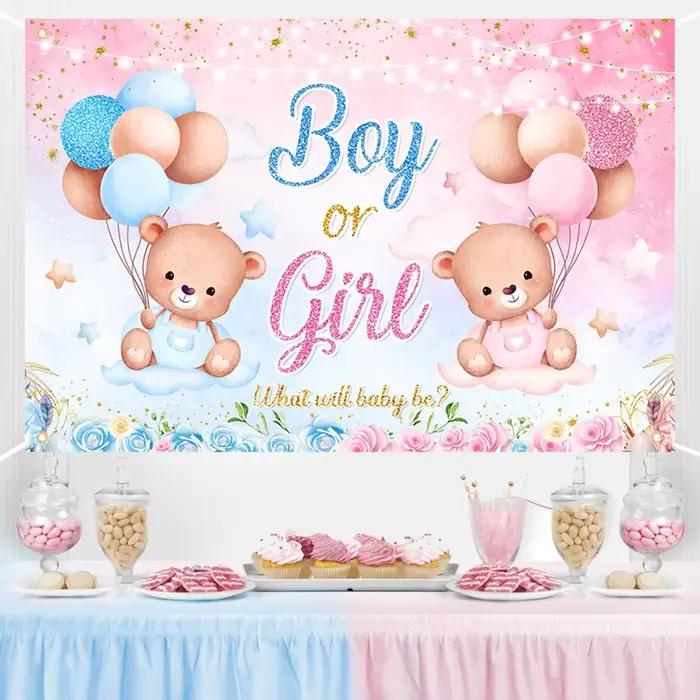 Genre Décorations de fête de révélation du sexe du bébé, fournitures de décoration, bannière ours rose et bleu, fond de photographie