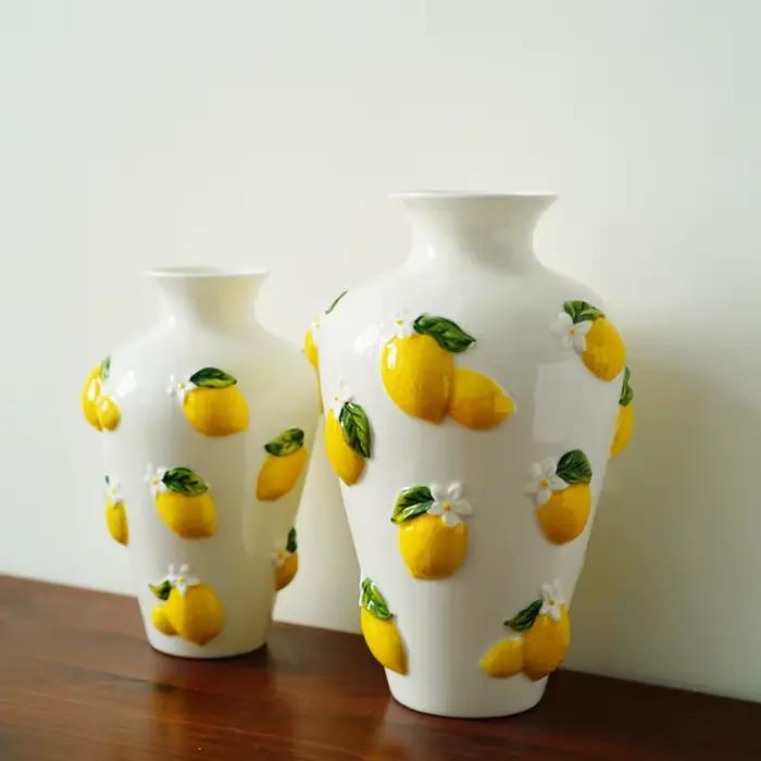 Vase en céramique, sculpture en relief de citron tridimensionnelle, vase à fleurs, accessoires pour arrangements floraux, artisanat en céramique, vases