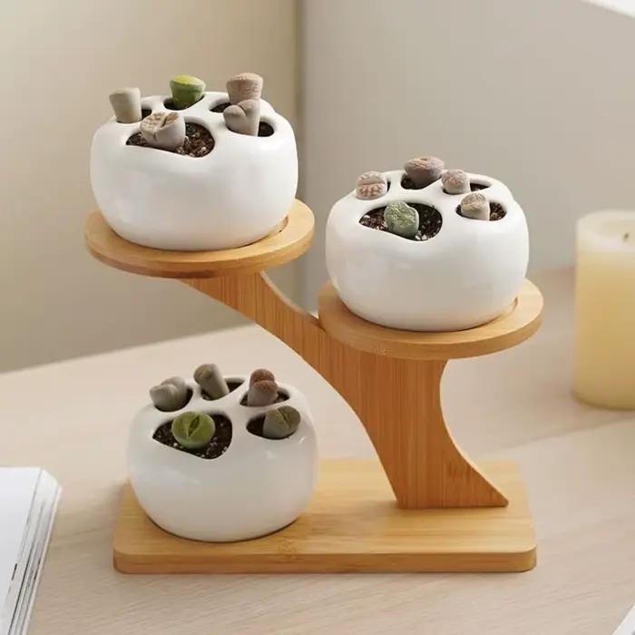 Étagère en bambou support de fleurs de bureau multicouche en forme de branche d'arbre