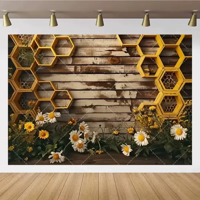 Bohème fleur abeille marguerite thème fond doux nid d'abeille mur Rural planche de bois enfants anniversaire famille