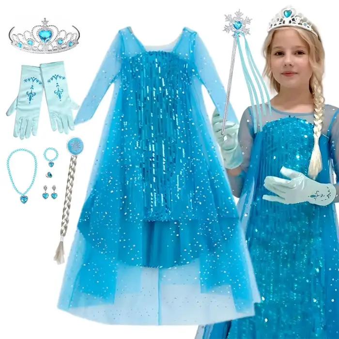 Robe longue de princesse époustouflante pour fille, entièrement recouverte de paillettes, avec traîne bleue, en tulle scintillant, costume de fête Reine des Neiges Elsa, tenue de cosplay