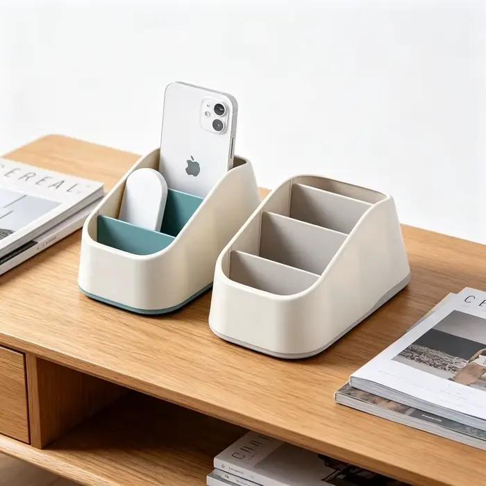 Organisateur de bureau à 4 compartiments pour télécommandes, téléphones et fournitures de bureau, boîte de rangement trapézoïdale pour télécommandes TV, idéal pour la maison et l'hôtel