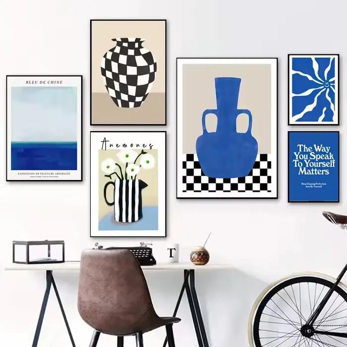 Peinture sur toile abstraite à rayures bleues, style Matisse, avec vase à fleurs, affiches et images imprimées pour décoration de salon