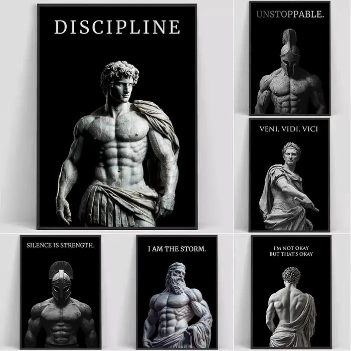 Statues romaines de guerriers spartiates peintes sur toile avec citations de motivation pour décorer maison ou salle de sport occasions spéciales