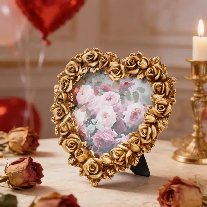 1 pièce, cadre photo décoratif en résine dorée à bordure or rose pour la Saint-Valentin