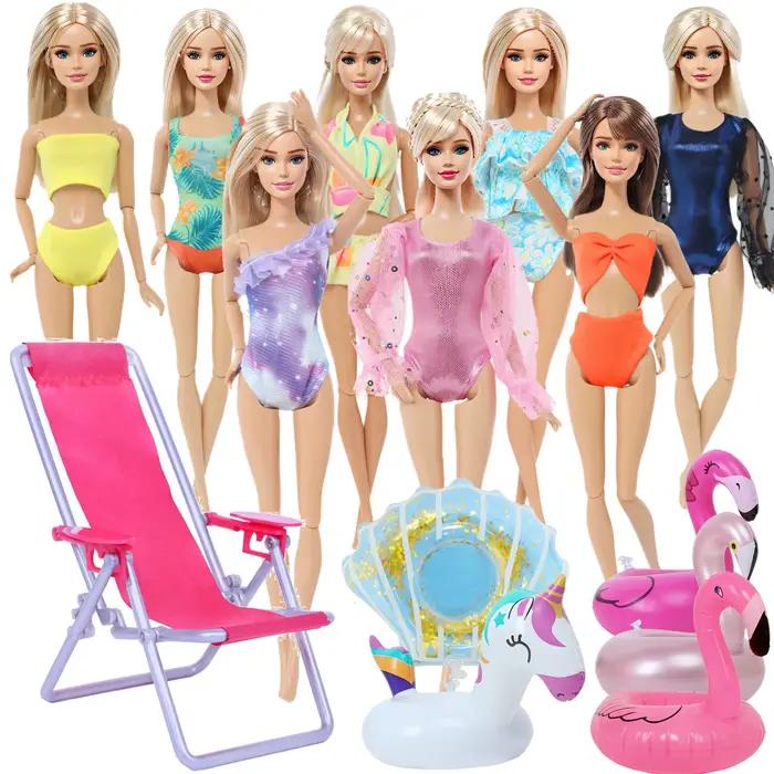 Ensemble de 3 accessoires pour poupée de 11,5 pouces (30 cm) 1/6 : Maillot de bain bikini + chaise de plage + bouée de natation – Tenue d'été pour jouet