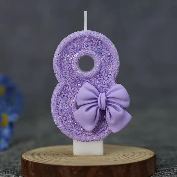Bougie d'anniversaire numérique artisanale DIY avec nœud violet pailleté - Décoration de gâteau avec emballage individuel