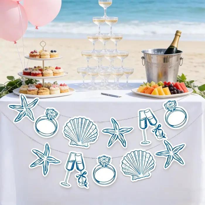 Bannière 'Last Toast on the Coast' pour décoration de plage, de fête nuptiale et de enterrement de vie de jeune fille, 30 pieds de cordon, double face, décor coquillages et verres à champagne