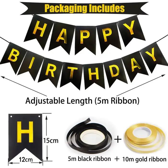  Décoration de fête d'anniversaire en or noir – 16 ballons et rubans