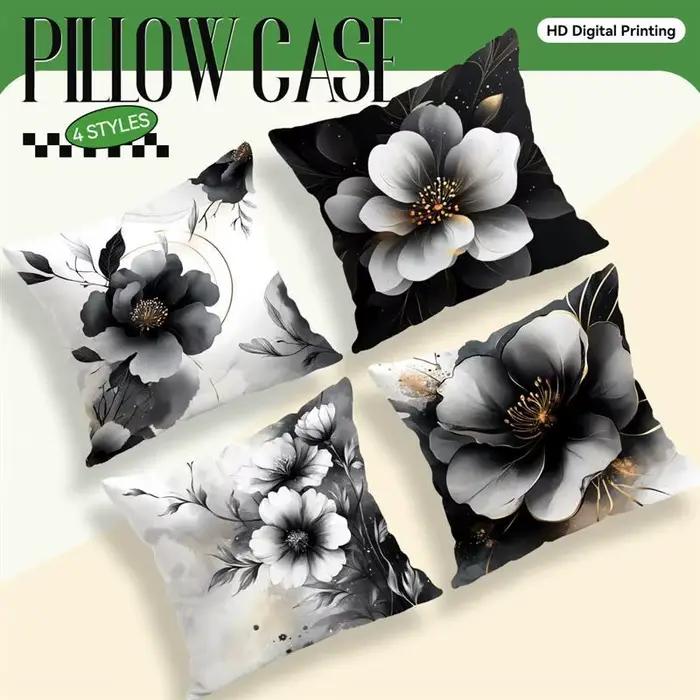 Housse de coussin à motifs floraux noir et blanc