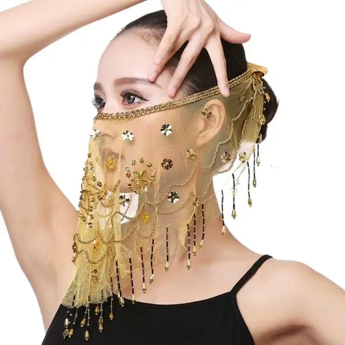 Couleur bleu lac avec perles mascarade fête danse du ventre voiles visage voile Costumes maille visage voile indien danse du ventre voile