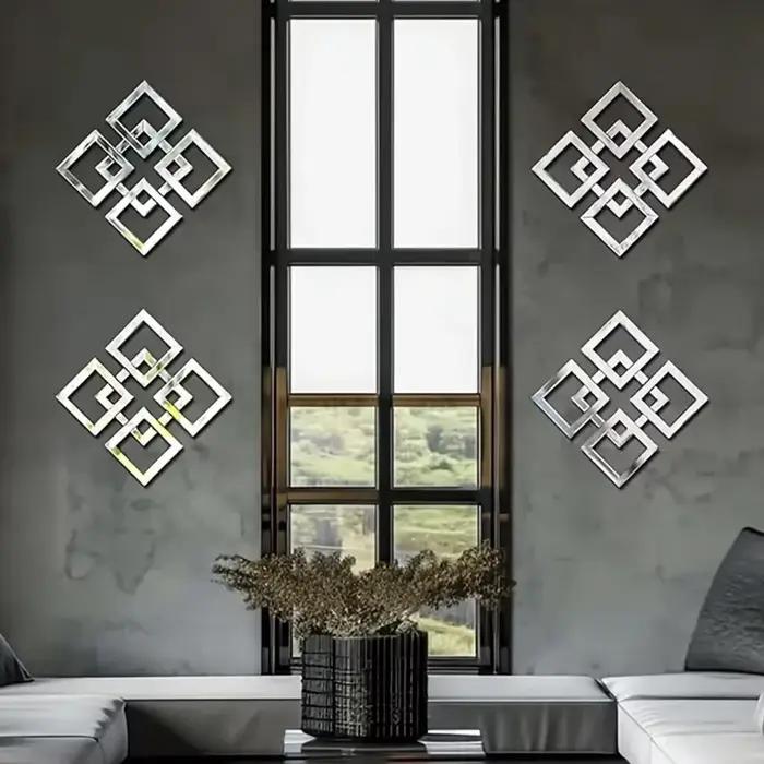 20*20 cm 12/8/4 pièces carré argent miroir décoration murale acrylique auto-adhésif
