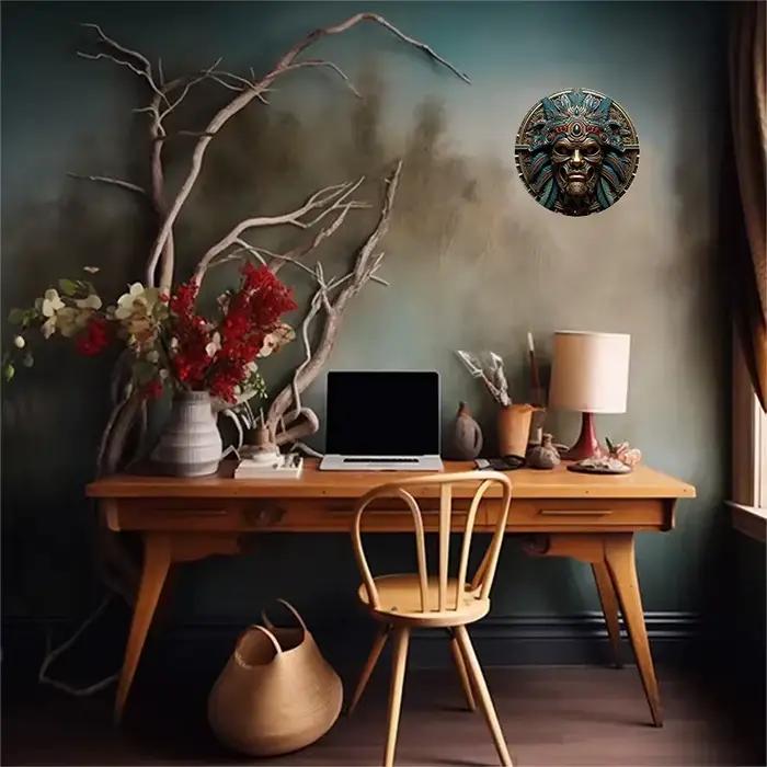 Aztec Warrior Art mural rond en aluminium de 8 po – Résistant aux UV et aux rayures