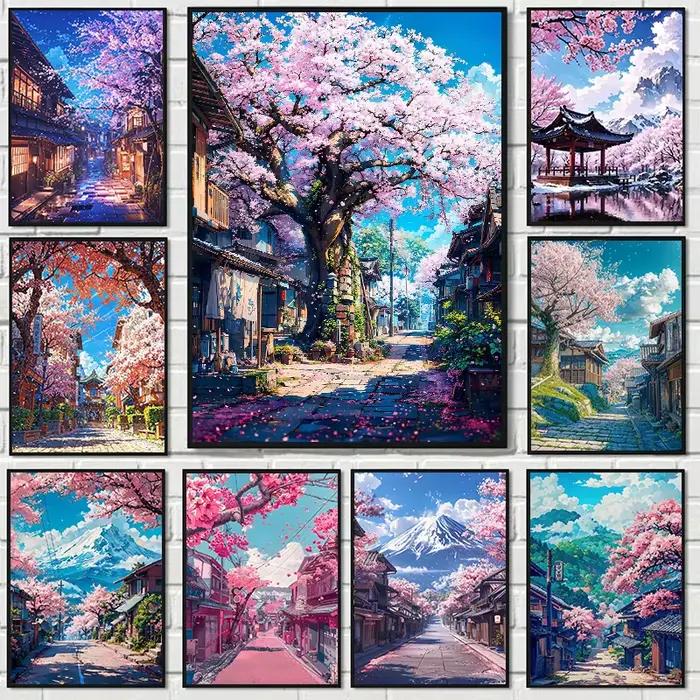 Affiche de village de fleurs de cerisier japonais peinture sur toile aquarelle style japonais décoration murale pour salon maison occasions spéciales
