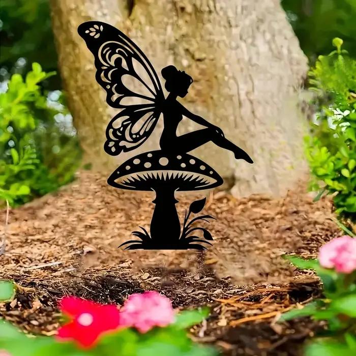 Art déco métal champignon fées jardin thème mur Sculpture elfes maison fer fée décor œuvre signe extérieur décoratif cadeaux