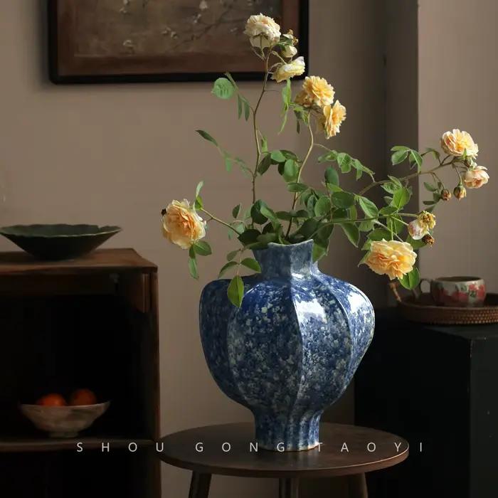 Vase en céramique bleu, transformé au four, fait main, en terre cuite, pour fleurs, accessoires d'arrangement floral