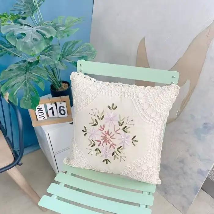 Housse de coussin en coton et lin tissé au crochet