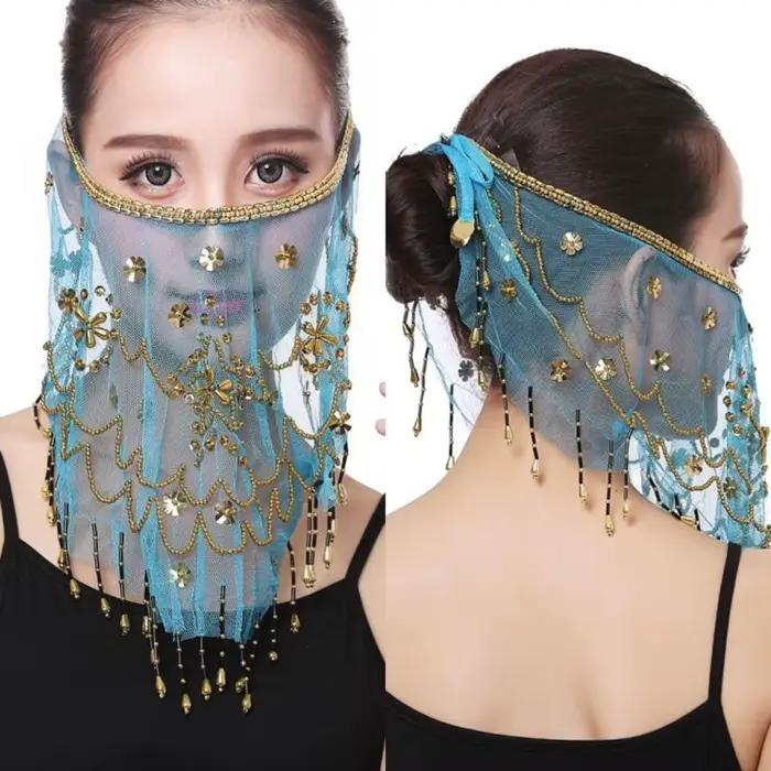Couleur bleu lac avec perles mascarade fête danse du ventre voiles visage voile Costumes maille visage voile indien danse du ventre voile