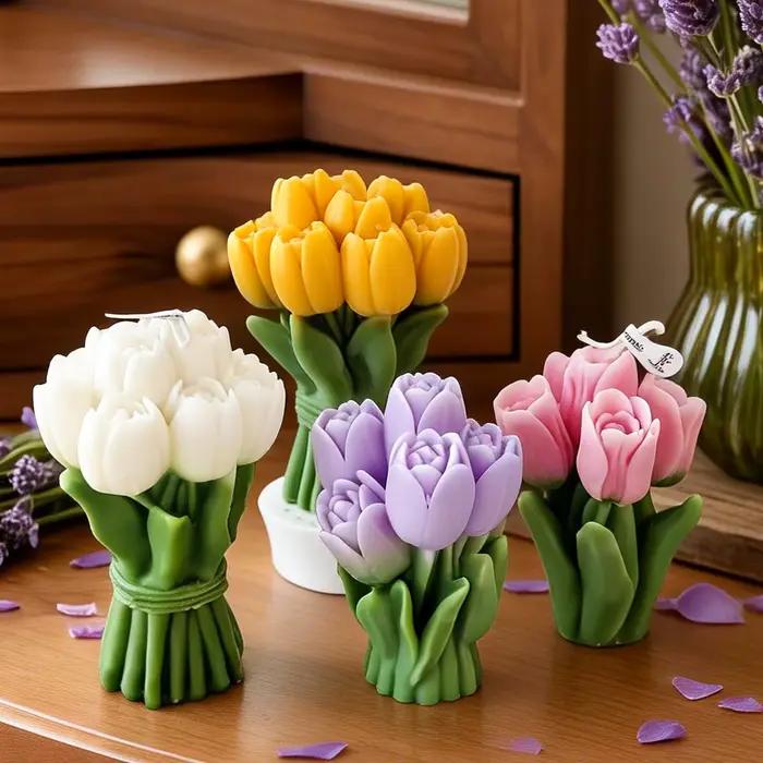 Bouquet de bougies parfumées à la rose et à la tulipe - Bougie florale artisanale en cire de soja, cadeau de mariage, cadeau de la Saint-Valentin, décoration de table à la maison