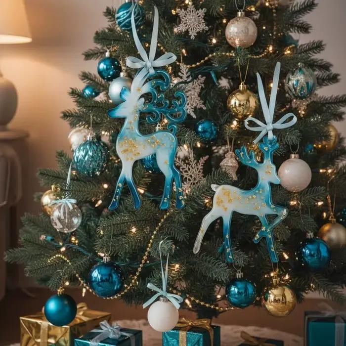 Ornements noël en résine: décor vacances bleu or, décorations noël, flocons neige renne, suspension d'arbre