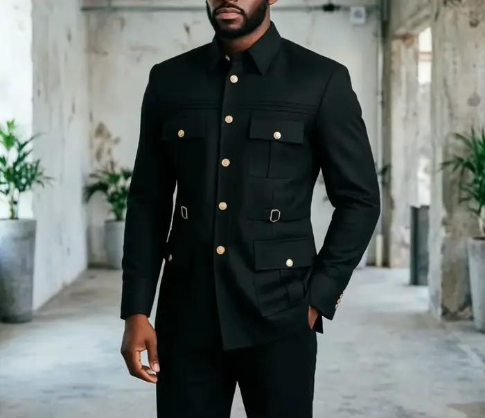 Costume Safari pour homme, ensemble de costume noir fonctionnel multi-poches pour le bureau, les affaires, les occasions décontractées et le quotidien.
