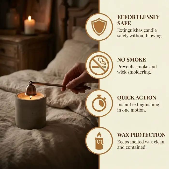 Éteignoir à bougie sûr en acier inoxydable, rétro, à long manche, en forme de cloche, antidérapant, pour bougies aromatiques