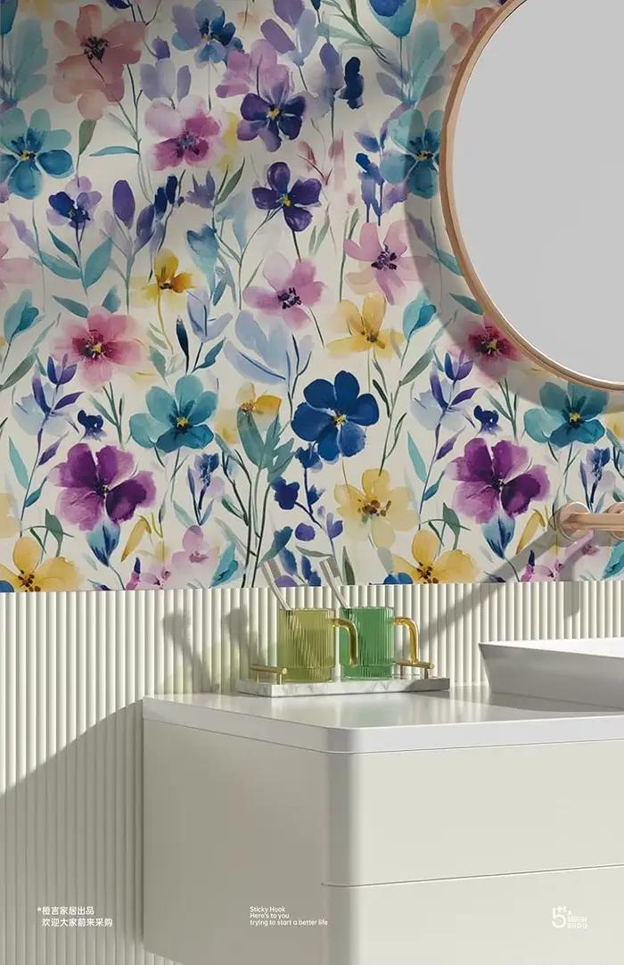 Papier peint auto-adhésif à fleurs colorées aquarelle
