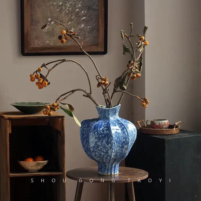 Vase en céramique bleu, transformé au four, fait main, en terre cuite, pour fleurs, accessoires d'arrangement floral