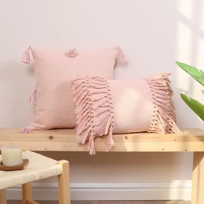 Housse de coussin à pampilles en coton et lin, couleur unie, rétro, rose, bleu, Beige, à franges, coussins décoratifs pour canapé et maison