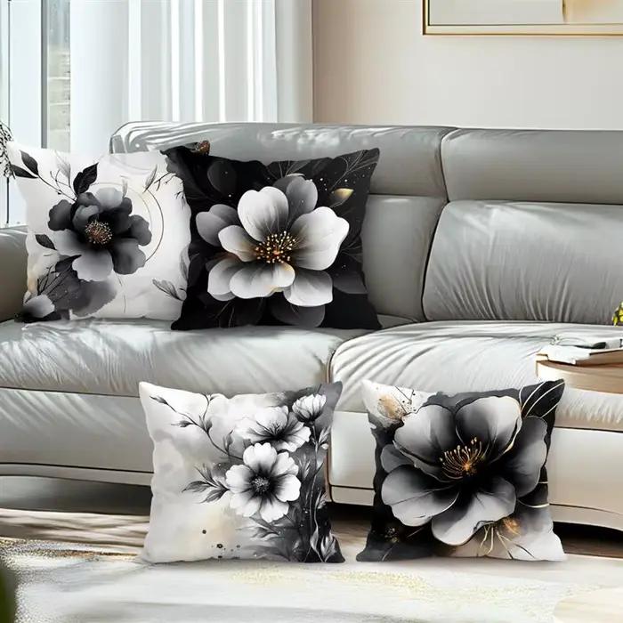 Housse de coussin à motifs floraux noir et blanc