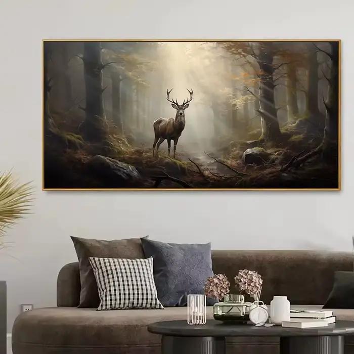 Affiche de cerf vintage en forêt brumeuse mystique avec animaux sauvages peinture sur toile pour décor de maison et chambre à coucher occassions spéciales
