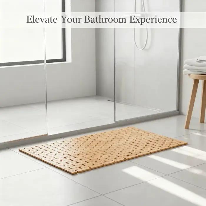 Tapis de bain et de douche en bambou – Design à lattes en bois enroulables avec base antidérapante, facile à nettoyer et à séchage rapide, tapis de bain antidérapant