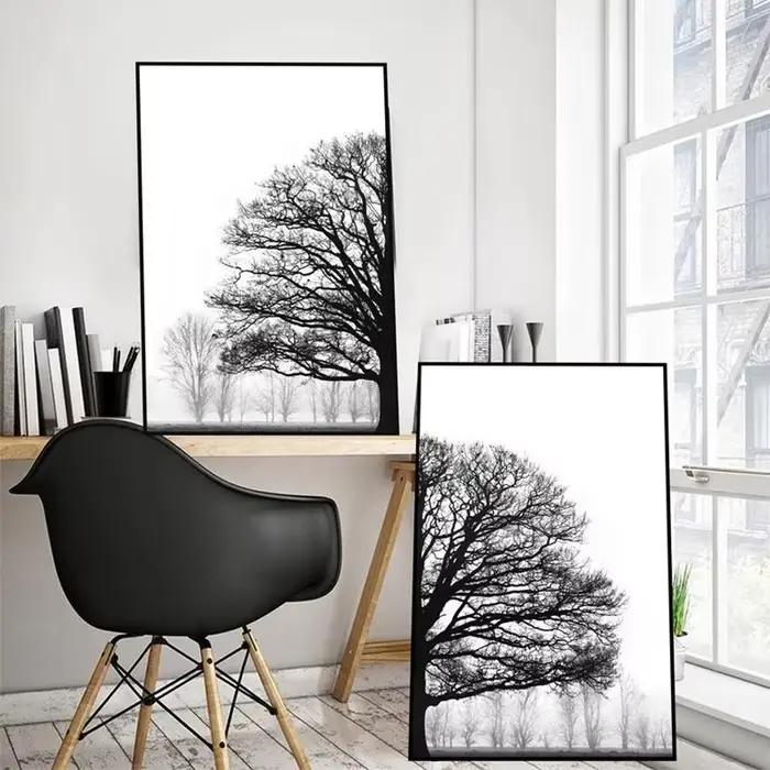 Peinture murale d'arbre d'hiver en noir et blanc impression sur toile sans cadre pour décoration d'intérieur style européen fleurs occassions spéciales