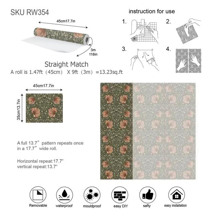 Papier peint floral vintage auto-adhésif résistant à l'eau et aux moisissures pour décoration murale en salon chambre à coucher cuisine et chambre d'enfants