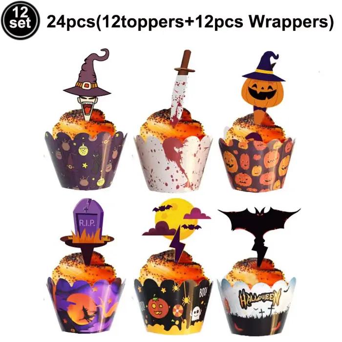 Décorations de Cupcake d'halloween, crâne fantôme effrayant, citrouille, décor de fête, toile d'araignée, emballage de Cupcake, fournitures de décoration de fête d'halloween