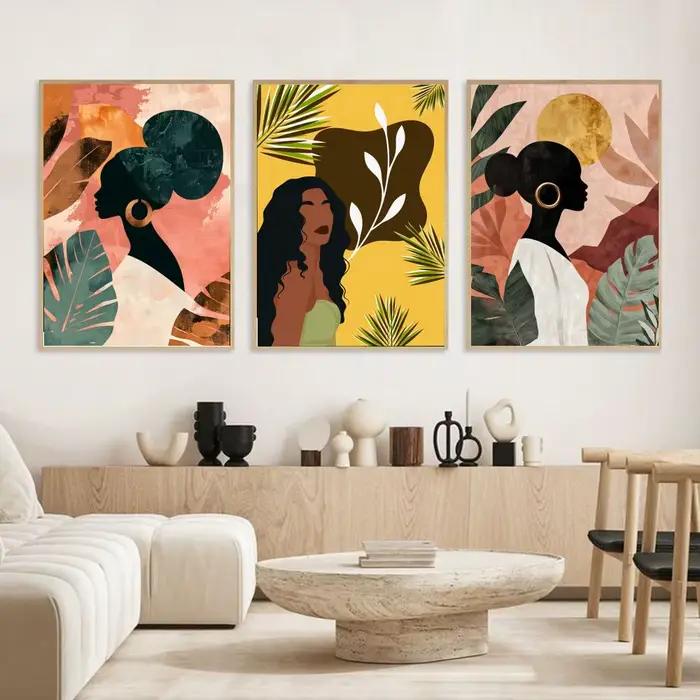Affiche abstraite de feuilles de fleurs de femme africaine