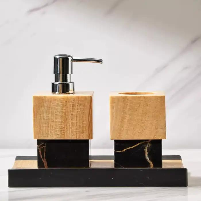 Bouteille de Lotion en marbre à blocs de couleur nordique et plateau d'aromathérapie, accessoires de salle de bains avec distributeur de savon à blocs de couleur exquis