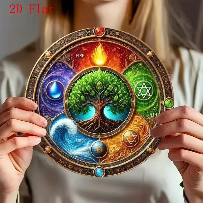 Art mural vintage en métal arbre de vie – Décor plat 2D avec éléments de feu, d'eau, de terre et d'air | Décoration d'intérieur unique pour chambres