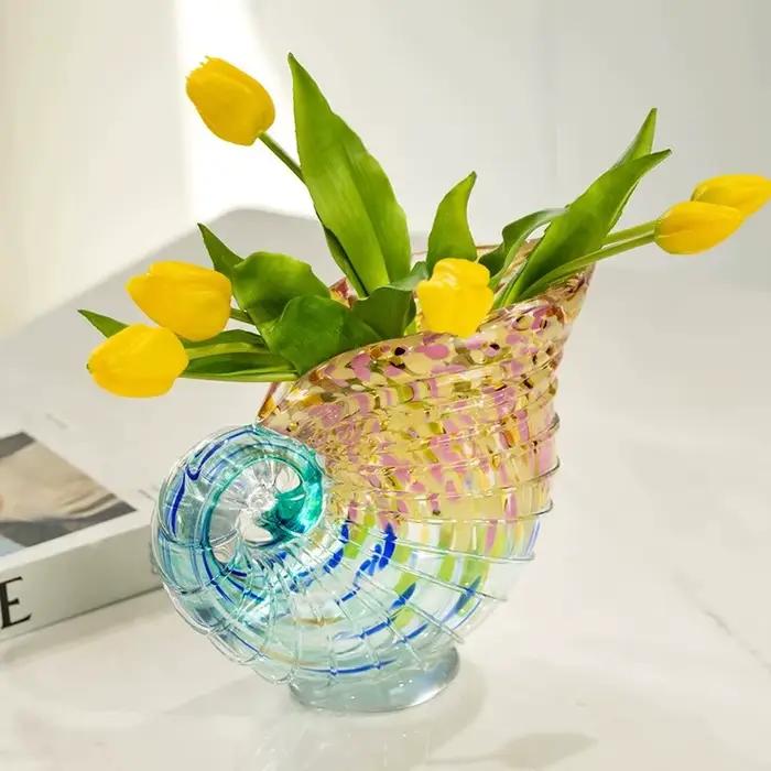 Vase en verre en forme de coquillage simulé, accessoire floral, bouteille en verre transparent dégradé, pot de fleurs