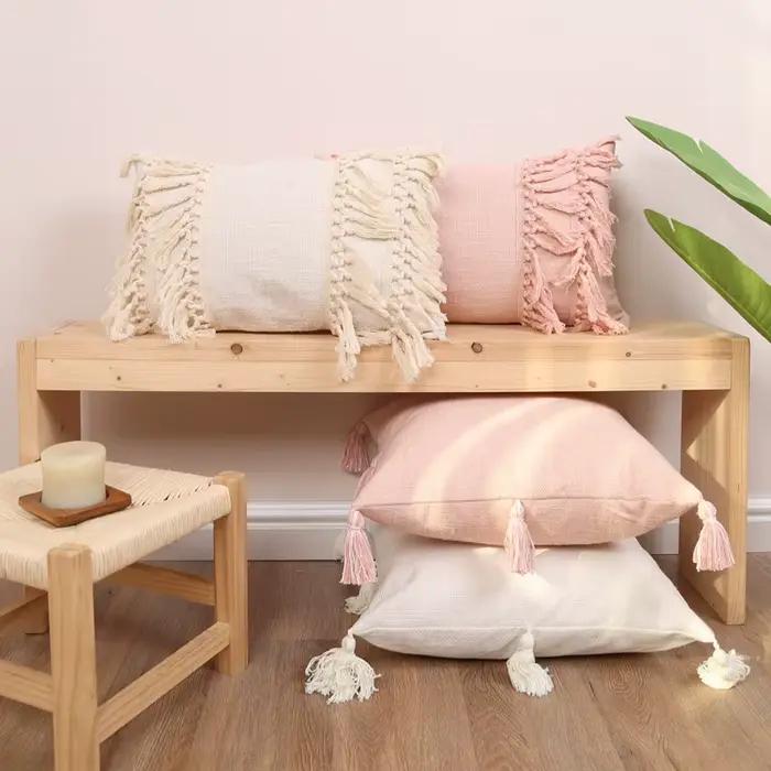 Housse de coussin à pampilles en coton et lin, couleur unie, rétro, rose, bleu, Beige, à franges, coussins décoratifs pour canapé et maison